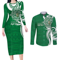 Personalised Liahona - Saineha High School Couples Matching Long Sleeve Bodycon Dress and Long Sleeve Button Shirt Tongan Ngatu Pattern LT14 Green - Polynesian Pride