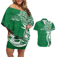 Personalised Liahona - Saineha High School Couples Matching Off Shoulder Short Dress and Hawaiian Shirt Tongan Ngatu Pattern LT14 Green - Polynesian Pride