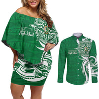 Personalised Liahona - Saineha High School Couples Matching Off Shoulder Short Dress and Long Sleeve Button Shirt Tongan Ngatu Pattern LT14 Green - Polynesian Pride