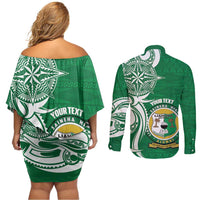 Personalised Liahona - Saineha High School Couples Matching Off Shoulder Short Dress and Long Sleeve Button Shirt Tongan Ngatu Pattern LT14 - Polynesian Pride