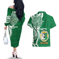 Personalised Liahona - Saineha High School Couples Matching Off The Shoulder Long Sleeve Dress and Hawaiian Shirt Tongan Ngatu Pattern LT14 - Polynesian Pride