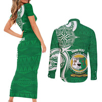Personalised Liahona - Saineha High School Couples Matching Short Sleeve Bodycon Dress and Long Sleeve Button Shirt Tongan Ngatu Pattern LT14 - Polynesian Pride