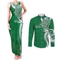 Personalised Liahona - Saineha High School Couples Matching Tank Maxi Dress and Long Sleeve Button Shirt Tongan Ngatu Pattern LT14 Green - Polynesian Pride