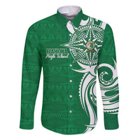 Personalised Liahona - Saineha High School Family Matching Off The Shoulder Long Sleeve Dress and Hawaiian Shirt Tongan Ngatu Pattern LT14 Dad's Shirt - Long Sleeve Green - Polynesian Pride