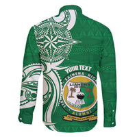 Personalised Liahona - Saineha High School Family Matching Off The Shoulder Long Sleeve Dress and Hawaiian Shirt Tongan Ngatu Pattern LT14 - Polynesian Pride