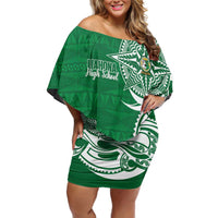 Personalised Liahona - Saineha High School Family Matching Off Shoulder Short Dress and Hawaiian Shirt Tongan Ngatu Pattern LT14 Mom's Dress Green - Polynesian Pride