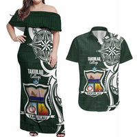 Personalised Tonga Takuilau College Couples Matching Off Shoulder Maxi Dress and Hawaiian Shirt Est 1975 Tongan Ngatu Pattern LT14 Green - Polynesian Pride