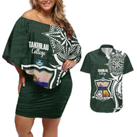Personalised Tonga Takuilau College Couples Matching Off Shoulder Short Dress and Hawaiian Shirt Est 1975 Tongan Ngatu Pattern LT14 Green - Polynesian Pride