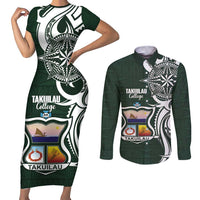 Personalised Tonga Takuilau College Couples Matching Short Sleeve Bodycon Dress and Long Sleeve Button Shirt Est 1975 Tongan Ngatu Pattern LT14 Green - Polynesian Pride