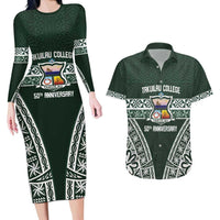Personalised Tonga Takuilau College Couples Matching Long Sleeve Bodycon Dress and Hawaiian Shirt 50th Anniversary Ngatu Kupesi LT14 Green - Polynesian Pride