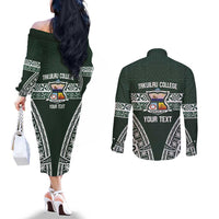 Personalised Tonga Takuilau College Couples Matching Off The Shoulder Long Sleeve Dress and Long Sleeve Button Shirt 50th Anniversary Ngatu Kupesi LT14 - Polynesian Pride