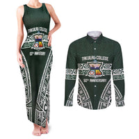 Personalised Tonga Takuilau College Couples Matching Tank Maxi Dress and Long Sleeve Button Shirt 50th Anniversary Ngatu Kupesi LT14 Green - Polynesian Pride