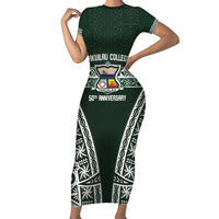 Personalised Tonga Takuilau College Short Sleeve Bodycon Dress 50th Anniversary Ngatu Kupesi LT14 Long Dress Green - Polynesian Pride