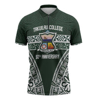 Personalised Tonga Takuilau College Zipper Polo Shirt 50th Anniversary Ngatu Kupesi LT14 Green - Polynesian Pride