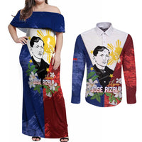 Philippines Rizal Day Couples Matching Off Shoulder Maxi Dress and Long Sleeve Button Shirt Filipino Sampaguita Grunge Style LT14 Blue - Polynesian Pride
