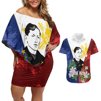 Philippines Rizal Day Couples Matching Off Shoulder Short Dress and Hawaiian Shirt Filipino Sampaguita Grunge Style LT14 Blue - Polynesian Pride