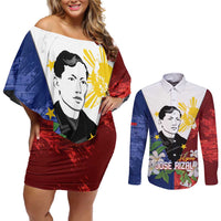 Philippines Rizal Day Couples Matching Off Shoulder Short Dress and Long Sleeve Button Shirt Filipino Sampaguita Grunge Style LT14 Blue - Polynesian Pride