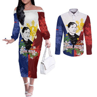 Philippines Rizal Day Couples Matching Off The Shoulder Long Sleeve Dress and Long Sleeve Button Shirt Filipino Sampaguita Grunge Style LT14 Blue - Polynesian Pride