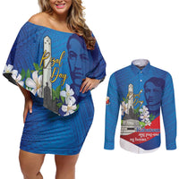 Philippines Rizal Day Couples Matching Off Shoulder Short Dress and Long Sleeve Button Shirt Filipino Motto Stella Polynesian Pattern - Polynesian Pride