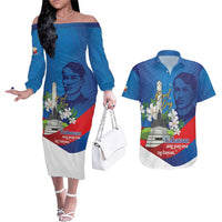 Philippines Rizal Day Couples Matching Off The Shoulder Long Sleeve Dress and Hawaiian Shirt Filipino Motto Stella Polynesian Pattern LT14 Blue - Polynesian Pride