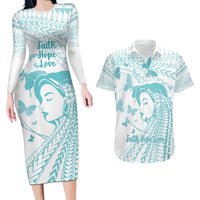 Polynesia Cervical Cancer Awareness Month Couples Matching Long Sleeve Bodycon Dress and Hawaiian Shirt Polynesian Women Faith Hope Love! LT14 White - Polynesian Pride