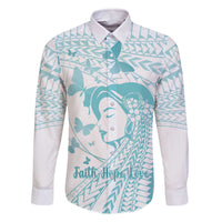 Polynesia Cervical Cancer Awareness Month Family Matching Off The Shoulder Long Sleeve Dress and Hawaiian Shirt Polynesian Women Faith Hope Love! LT14 Dad's Shirt - Long Sleeve White - Polynesian Pride