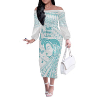Polynesia Cervical Cancer Awareness Month Family Matching Off The Shoulder Long Sleeve Dress and Hawaiian Shirt Polynesian Women Faith Hope Love! LT14 Mom's Dress White - Polynesian Pride