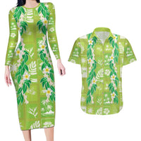 Aloha Hawaii Tuberose Lei Couples Matching Long Sleeve Bodycon Dress and Hawaiian Shirt Tropical Vibes Green Color LT14 Green - Polynesian Pride