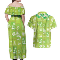 Aloha Hawaii Tuberose Lei Couples Matching Off Shoulder Maxi Dress and Hawaiian Shirt Tropical Vibes Green Color LT14 - Polynesian Pride