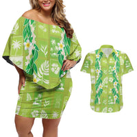 Aloha Hawaii Tuberose Lei Couples Matching Off Shoulder Short Dress and Hawaiian Shirt Tropical Vibes Green Color LT14 Green - Polynesian Pride