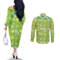 Aloha Hawaii Tuberose Lei Couples Matching Off The Shoulder Long Sleeve Dress and Long Sleeve Button Shirt Tropical Vibes Green Color LT14 - Polynesian Pride