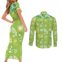 Aloha Hawaii Tuberose Lei Couples Matching Short Sleeve Bodycon Dress and Long Sleeve Button Shirt Tropical Vibes Green Color LT14 - Polynesian Pride