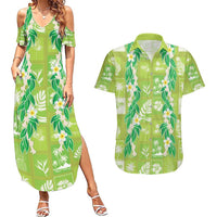 Aloha Hawaii Tuberose Lei Couples Matching Summer Maxi Dress and Hawaiian Shirt Tropical Vibes Green Color LT14 Green - Polynesian Pride