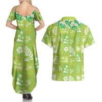 Aloha Hawaii Tuberose Lei Couples Matching Summer Maxi Dress and Hawaiian Shirt Tropical Vibes Green Color LT14 - Polynesian Pride