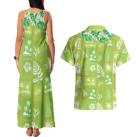 Aloha Hawaii Tuberose Lei Couples Matching Tank Maxi Dress and Hawaiian Shirt Tropical Vibes Green Color LT14 - Polynesian Pride