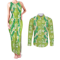 Aloha Hawaii Tuberose Lei Couples Matching Tank Maxi Dress and Long Sleeve Button Shirt Tropical Vibes Green Color LT14 Green - Polynesian Pride