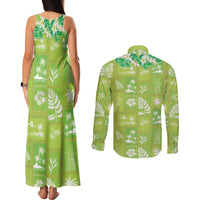 Aloha Hawaii Tuberose Lei Couples Matching Tank Maxi Dress and Long Sleeve Button Shirt Tropical Vibes Green Color LT14 - Polynesian Pride