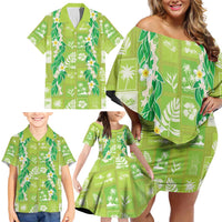 Aloha Hawaii Tuberose Lei Family Matching Off Shoulder Short Dress and Hawaiian Shirt Tropical Vibes Green Color LT14 - Polynesian Pride