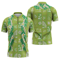 Aloha Hawaii Tuberose Lei Zipper Polo Shirt Tropical Vibes Green Color - Polynesian Pride