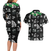 Aloha Hawaii Tuberose Lei Couples Matching Long Sleeve Bodycon Dress and Hawaiian Shirt Tropical Vibes Black Color LT14 - Polynesian Pride