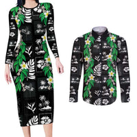 Aloha Hawaii Tuberose Lei Couples Matching Long Sleeve Bodycon Dress and Long Sleeve Button Shirt Tropical Vibes Black Color LT14 Black - Polynesian Pride