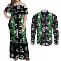 Aloha Hawaii Tuberose Lei Couples Matching Off Shoulder Maxi Dress and Long Sleeve Button Shirt Tropical Vibes Black Color LT14 Black - Polynesian Pride