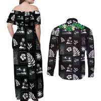 Aloha Hawaii Tuberose Lei Couples Matching Off Shoulder Maxi Dress and Long Sleeve Button Shirt Tropical Vibes Black Color LT14 - Polynesian Pride