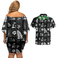 Aloha Hawaii Tuberose Lei Couples Matching Off Shoulder Short Dress and Hawaiian Shirt Tropical Vibes Black Color LT14 - Polynesian Pride