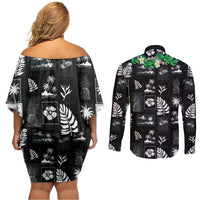 Aloha Hawaii Tuberose Lei Couples Matching Off Shoulder Short Dress and Long Sleeve Button Shirt Tropical Vibes Black Color LT14 - Polynesian Pride