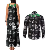 Aloha Hawaii Tuberose Lei Couples Matching Tank Maxi Dress and Long Sleeve Button Shirt Tropical Vibes Black Color LT14 - Polynesian Pride