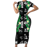Aloha Hawaii Tuberose Lei Short Sleeve Bodycon Dress Tropical Vibes Black Color - Polynesian Pride