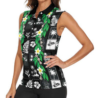 Aloha Hawaii Tuberose Lei Women Sleeveless Polo Shirt Tropical Vibes Black Color LT14 - Polynesian Pride