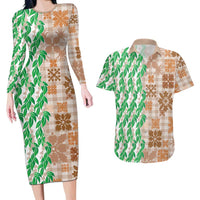 Aloha Hawaii Palaka Tuberose Lei Couples Matching Long Sleeve Bodycon Dress and Hawaiian Shirt Hawaiian Quilt Seamless Style LT14 Beige - Polynesian Pride