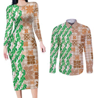 Aloha Hawaii Palaka Tuberose Lei Couples Matching Long Sleeve Bodycon Dress and Long Sleeve Button Shirt Hawaiian Quilt Seamless Style LT14 Beige - Polynesian Pride